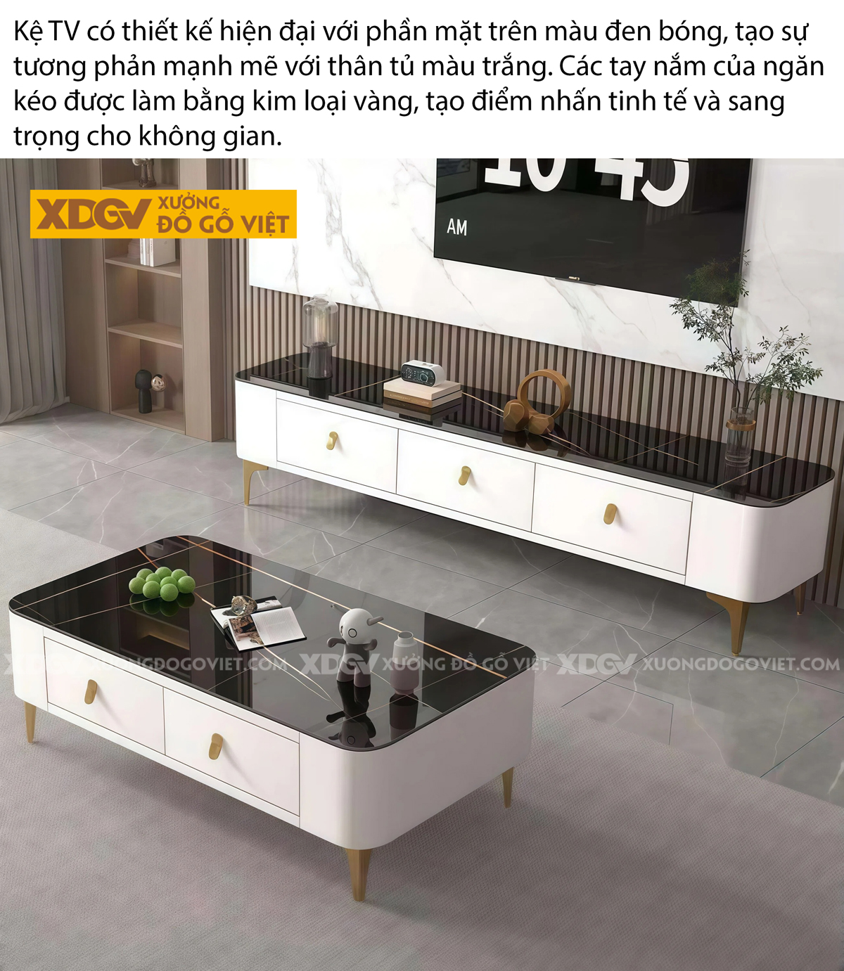 Mẫu Kệ Để Tivi Phòng Khách Gỗ Công Nghiệp Mặt Đá Chân Cao