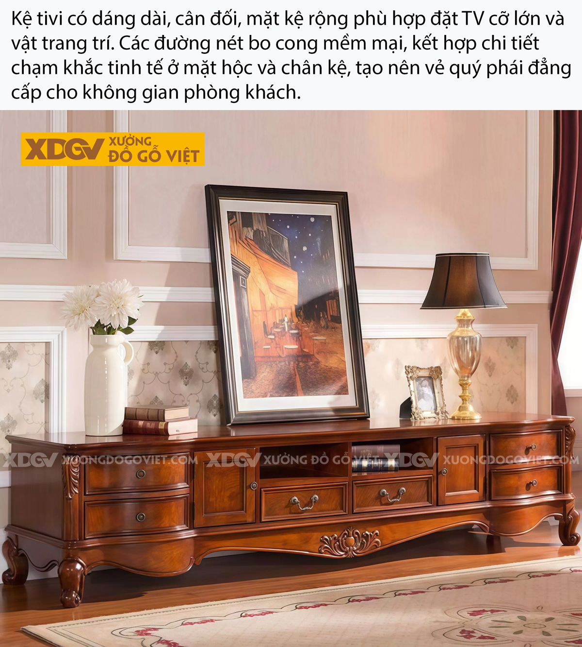 Mẫu Kệ Để Tivi Phòng Khách Gỗ Gõ Đỏ Tân Cổ Điển Hoàng Gia