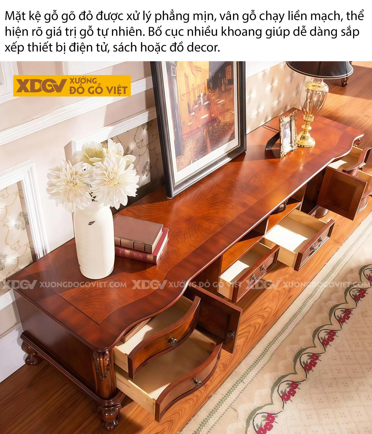 Mẫu Kệ Để Tivi Phòng Khách Gỗ Gõ Đỏ Tân Cổ Điển Hoàng Gia