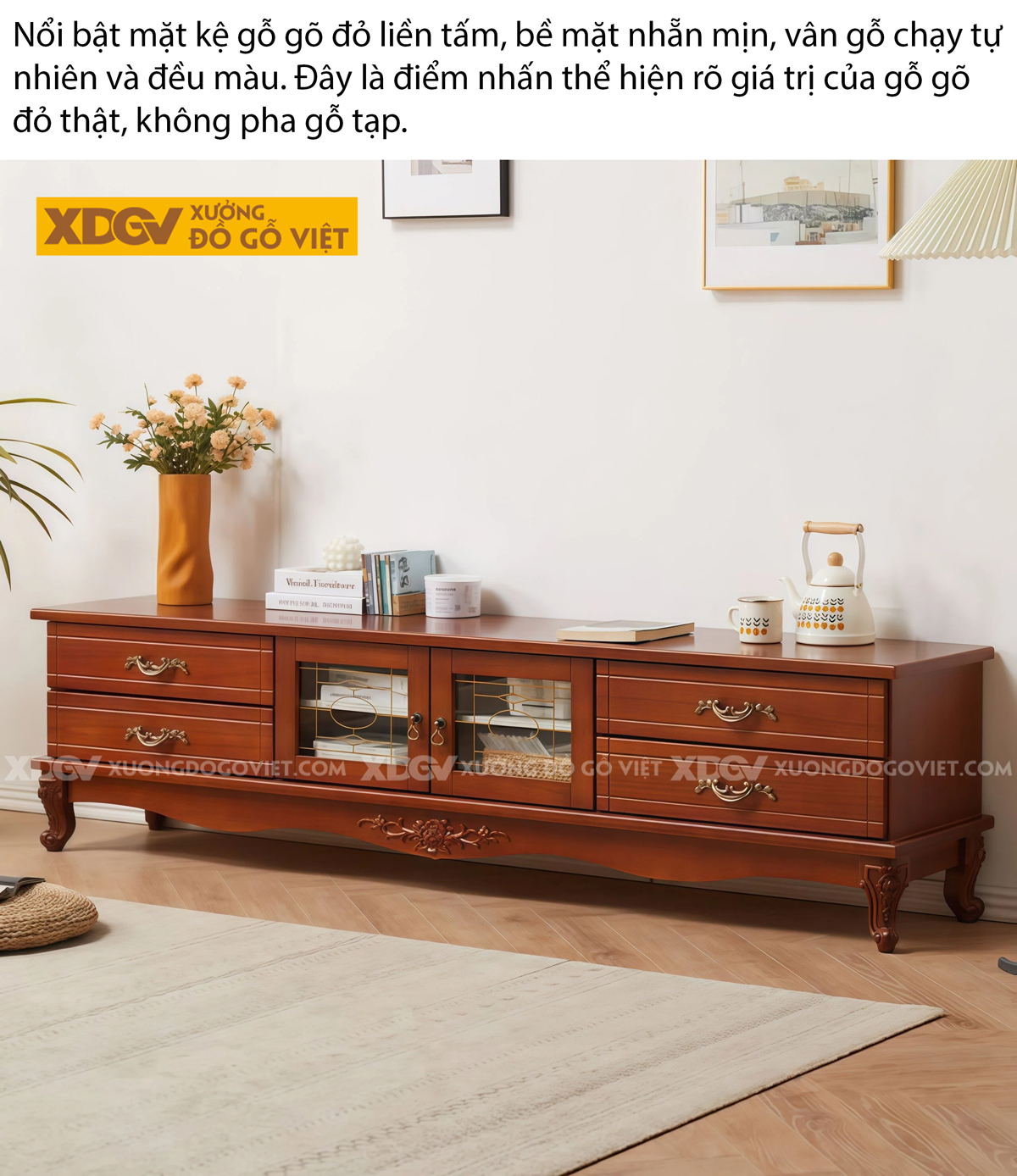 Mẫu Kệ Để Tivi Phòng Khách Gỗ Gõ Đỏ Tân Cổ Điển Hoàng Gia