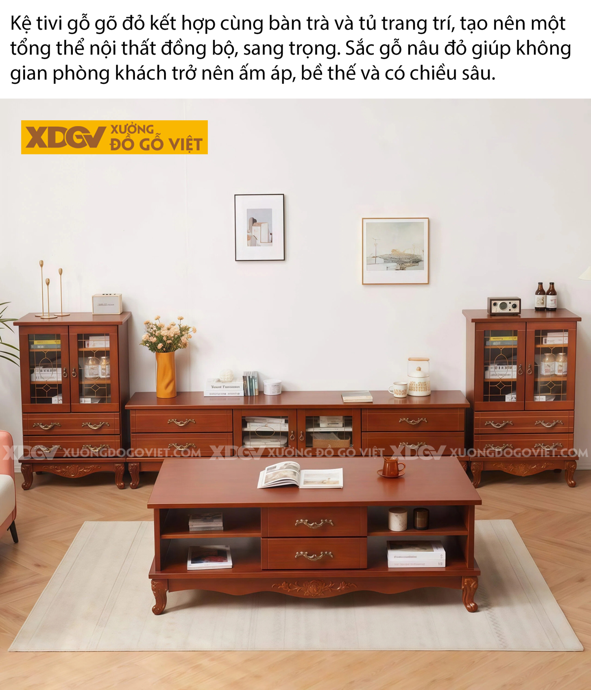 Mẫu Kệ Để Tivi Phòng Khách Gỗ Gõ Đỏ Tân Cổ Điển Hoàng Gia