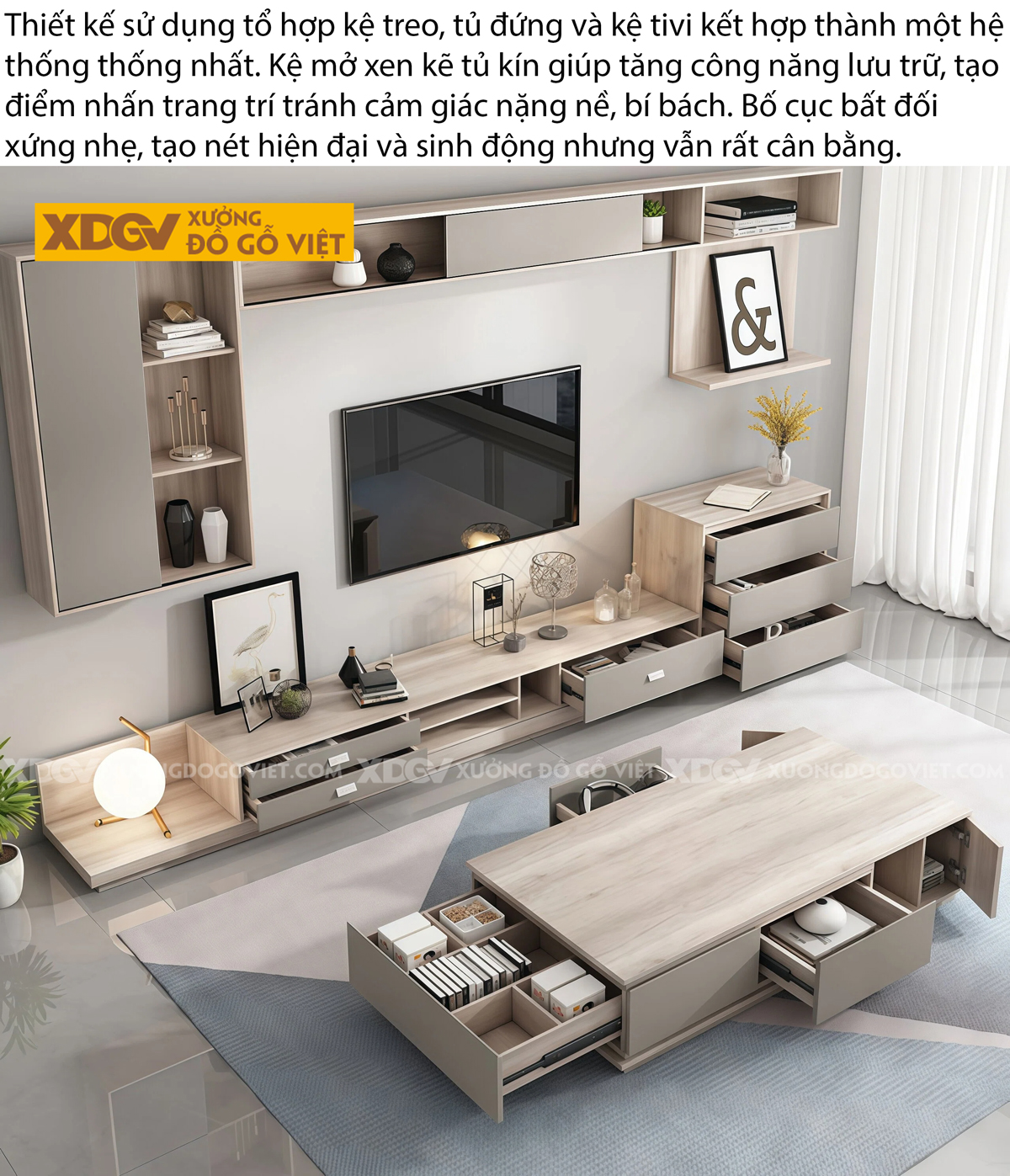 Mẫu Kệ Để Tivi Phòng Khách Gỗ MDF Bo Cạnh Mềm Mại Hiện Đại