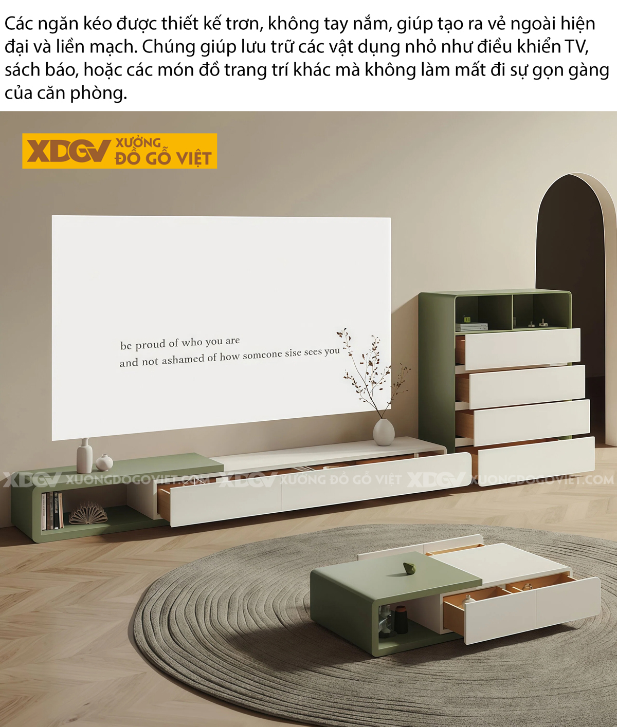 Mẫu Kệ Để Tivi Phòng Khách Gỗ MDF Bo Cạnh Tinh Tế Mềm Mại