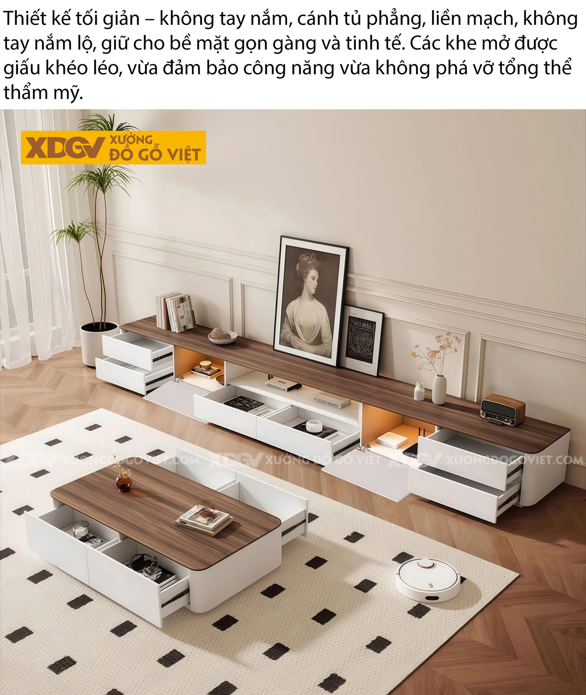Mẫu Kệ Để Tivi Phòng Khách Gỗ MDF Thiết Kế Lệch Tầng Độc Đáo