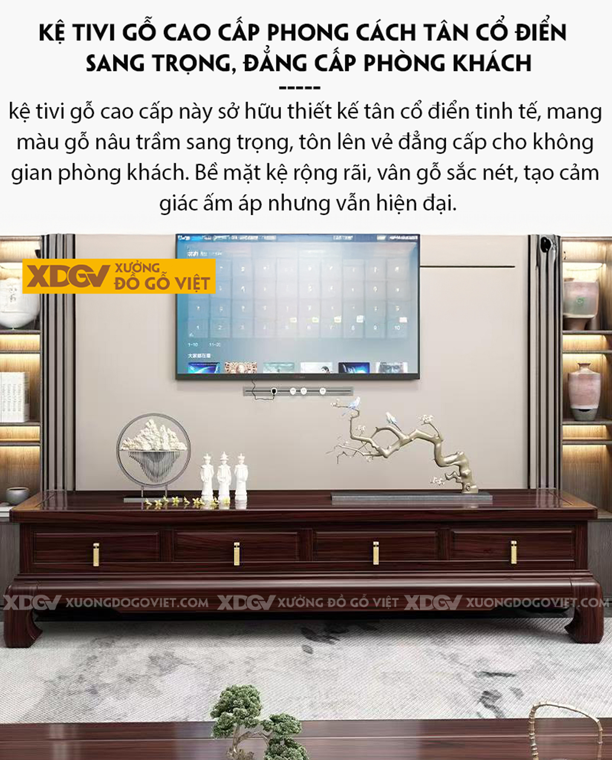 Mẫu Kệ Để Tivi Phòng Khách Gỗ Óc Chó Chân Móng Ngựa Bề Thế