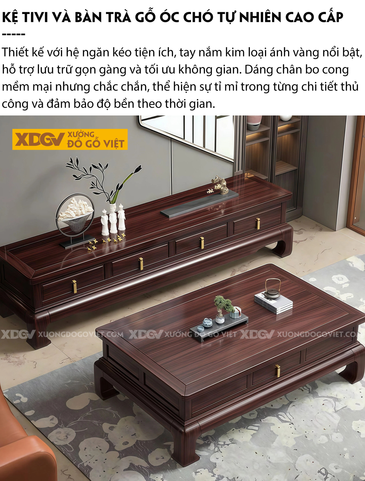Mẫu Kệ Để Tivi Phòng Khách Gỗ Óc Chó Chân Móng Ngựa Bề Thế