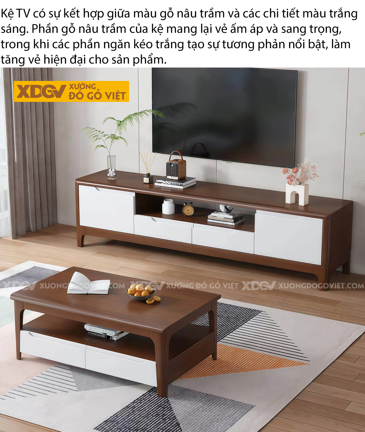 Mẫu Kệ Để Tivi Trưng Bày Gỗ Cao Su Thiết Kế 2 Tầng Độc Đáo