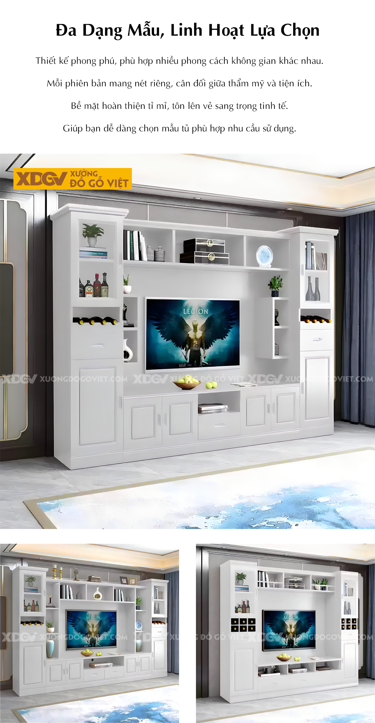 Mẫu Kệ Tivi Cao Su Phòng Khách Kèm Tủ Kính Có Kệ Trang Trí