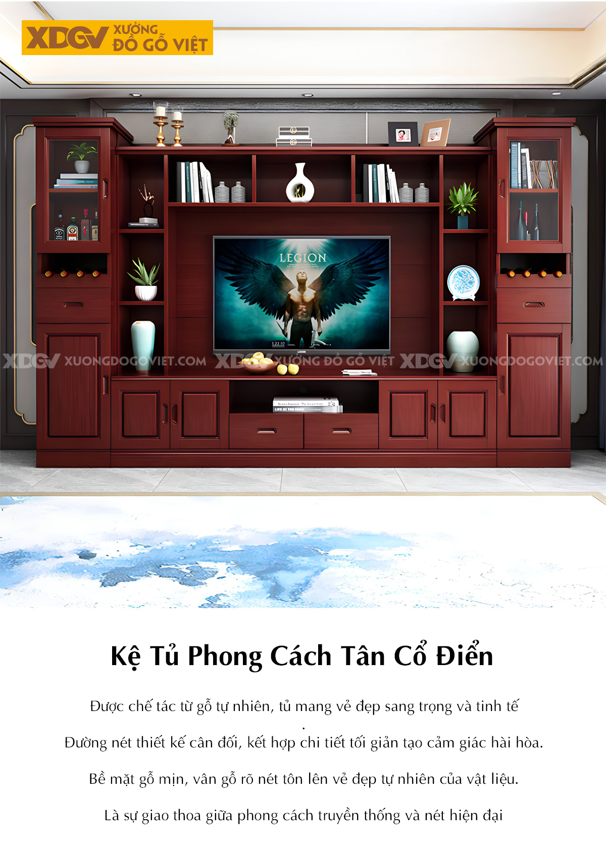 Mẫu Kệ Tivi Cao Su Phòng Khách Kèm Tủ Kính Có Kệ Trang Trí