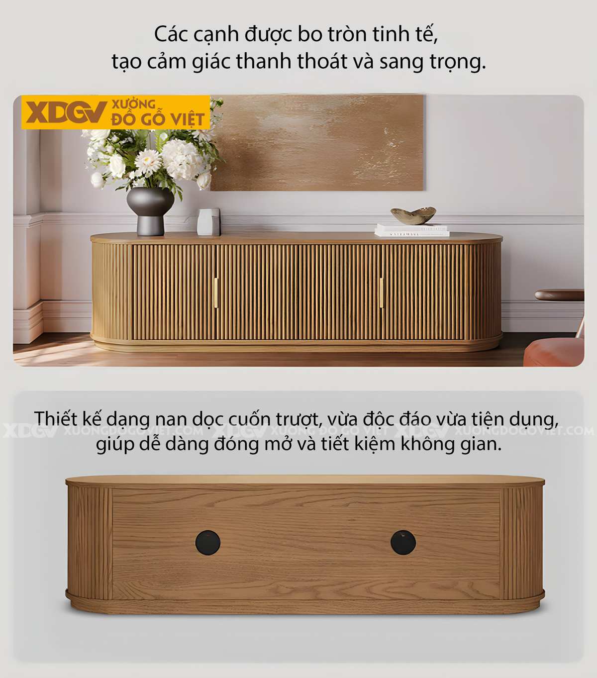 Mẫu Kệ Tivi Đặt Sàn Gỗ Sồi Nan Dọc Bo Tròn Hình Oval Đẹp