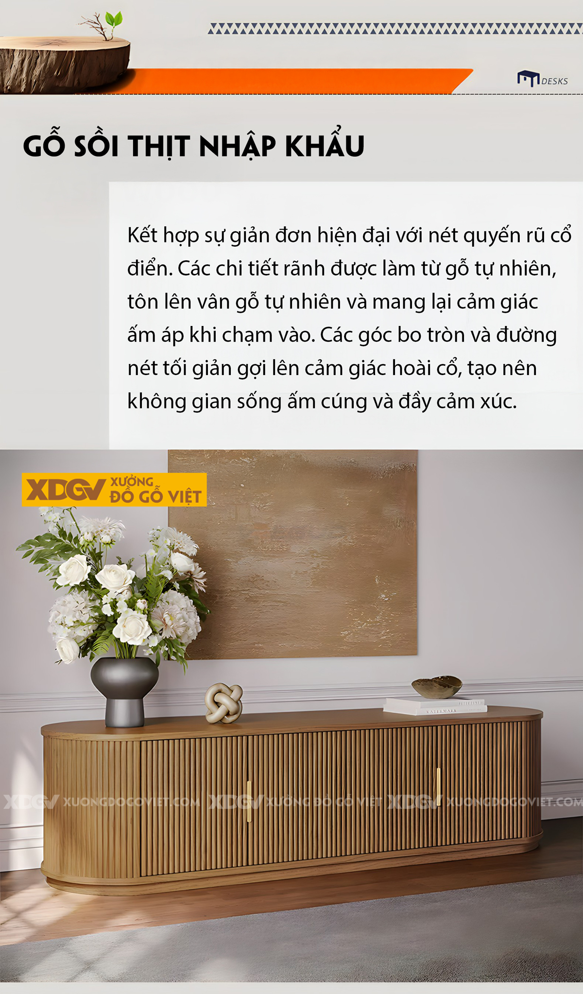 Mẫu Kệ Tivi Đặt Sàn Gỗ Sồi Nan Dọc Bo Tròn Hình Oval Đẹp