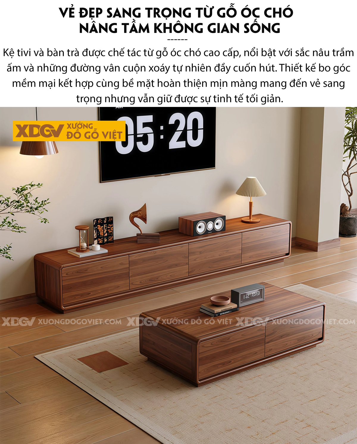 Mẫu Kệ Tivi Gỗ Óc Chó Thiết Kế Góc Bo An Toàn Tối Ưu Lưu Trữ