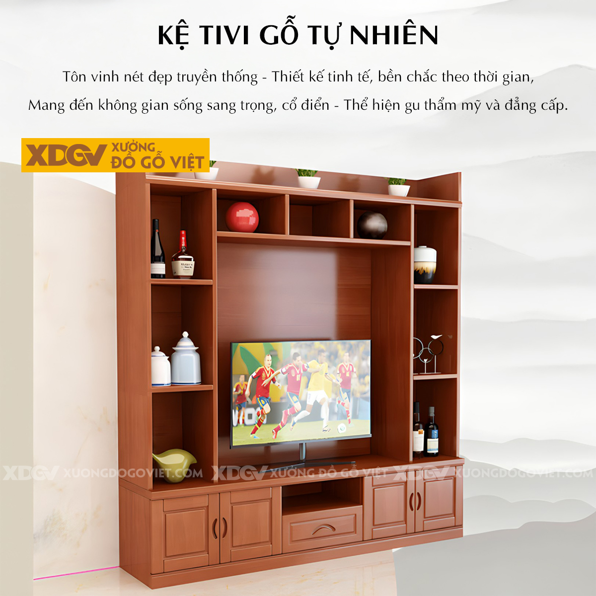 Mẫu Kệ Tivi Gỗ Sồi Mỹ Kết Hợp Tủ Nhiều Hộc Đựng Và Kệ Trên