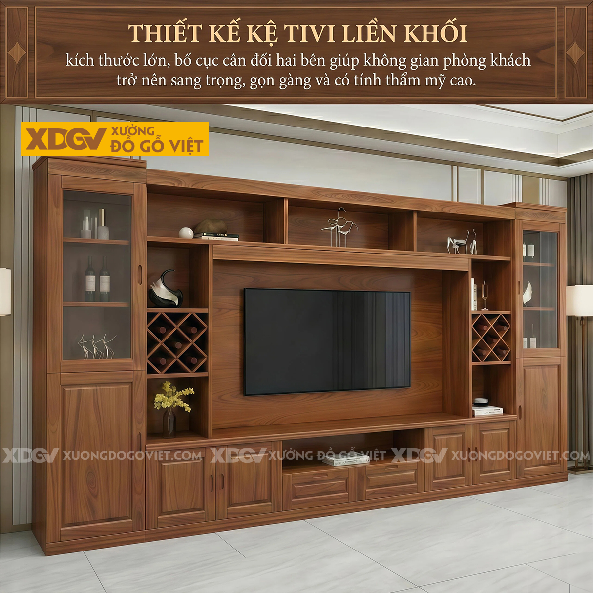 Mẫu Kệ Tivi Kèm Tủ Gỗ Gõ Đỏ Lưu Trữ Lớn Phối Tủ Cánh Kính