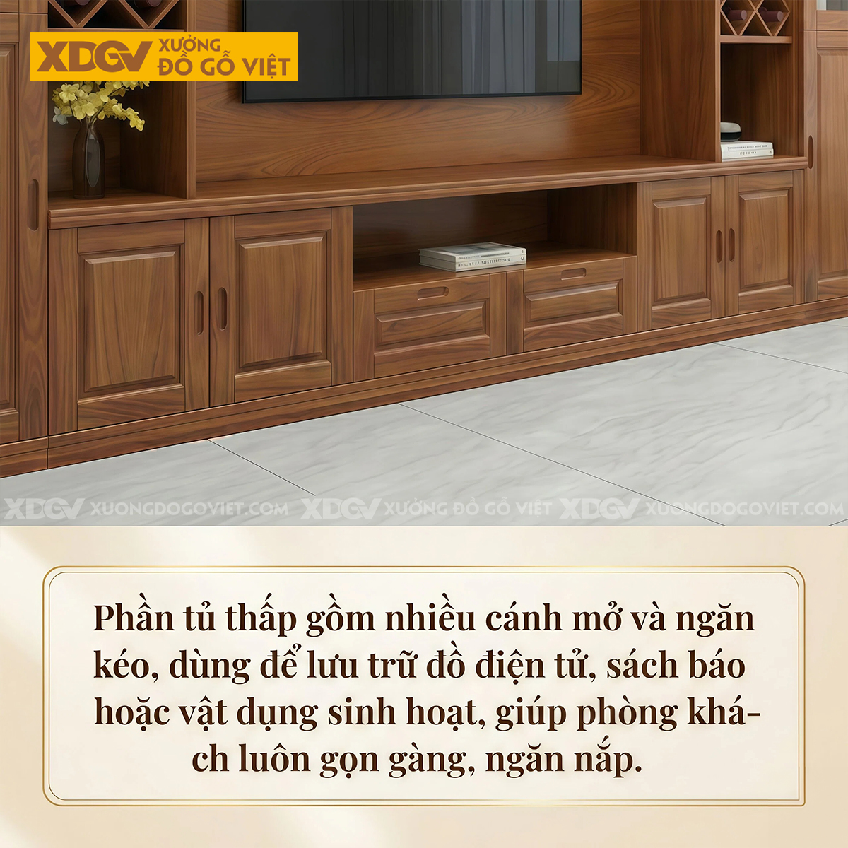 Mẫu Kệ Tivi Kèm Tủ Gỗ Gõ Đỏ Lưu Trữ Lớn Phối Tủ Cánh Kính