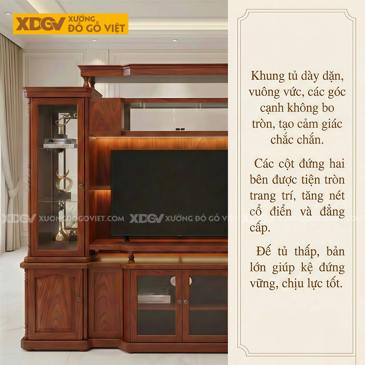 Mẫu Kệ Tivi Kèm Tủ Phòng Khách Gỗ Gõ Đỏ Phân Tầng Đối Xứng