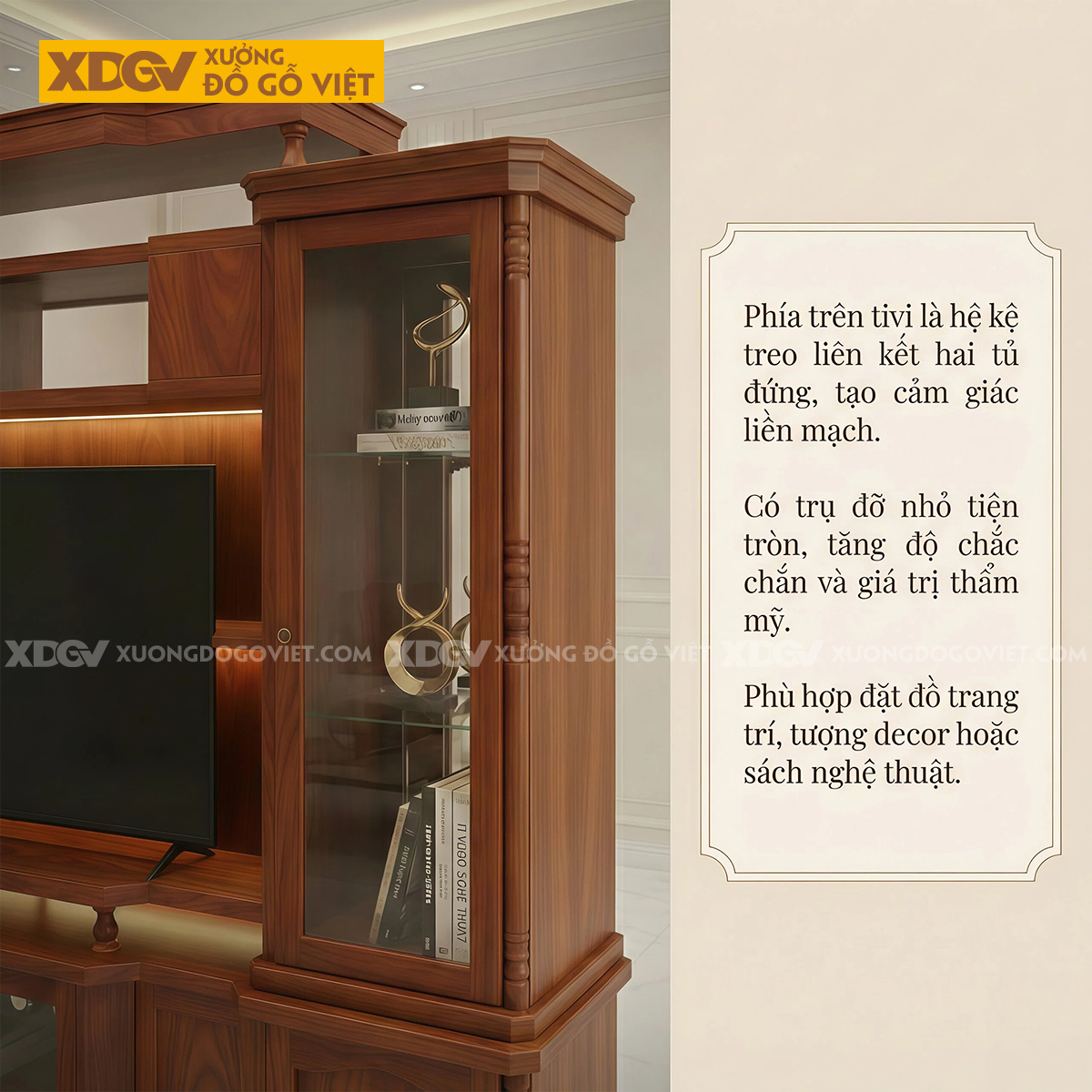 Mẫu Kệ Tivi Kèm Tủ Phòng Khách Gỗ Gõ Đỏ Phân Tầng Đối Xứng