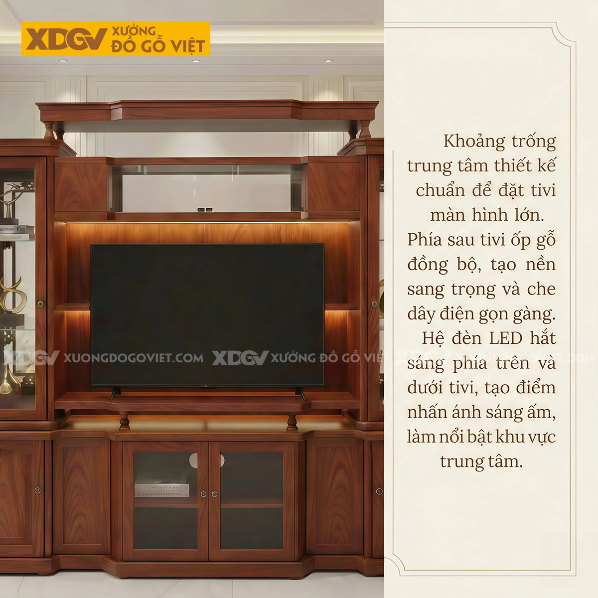 Mẫu Kệ Tivi Kèm Tủ Phòng Khách Gỗ Gõ Đỏ Phân Tầng Đối Xứng