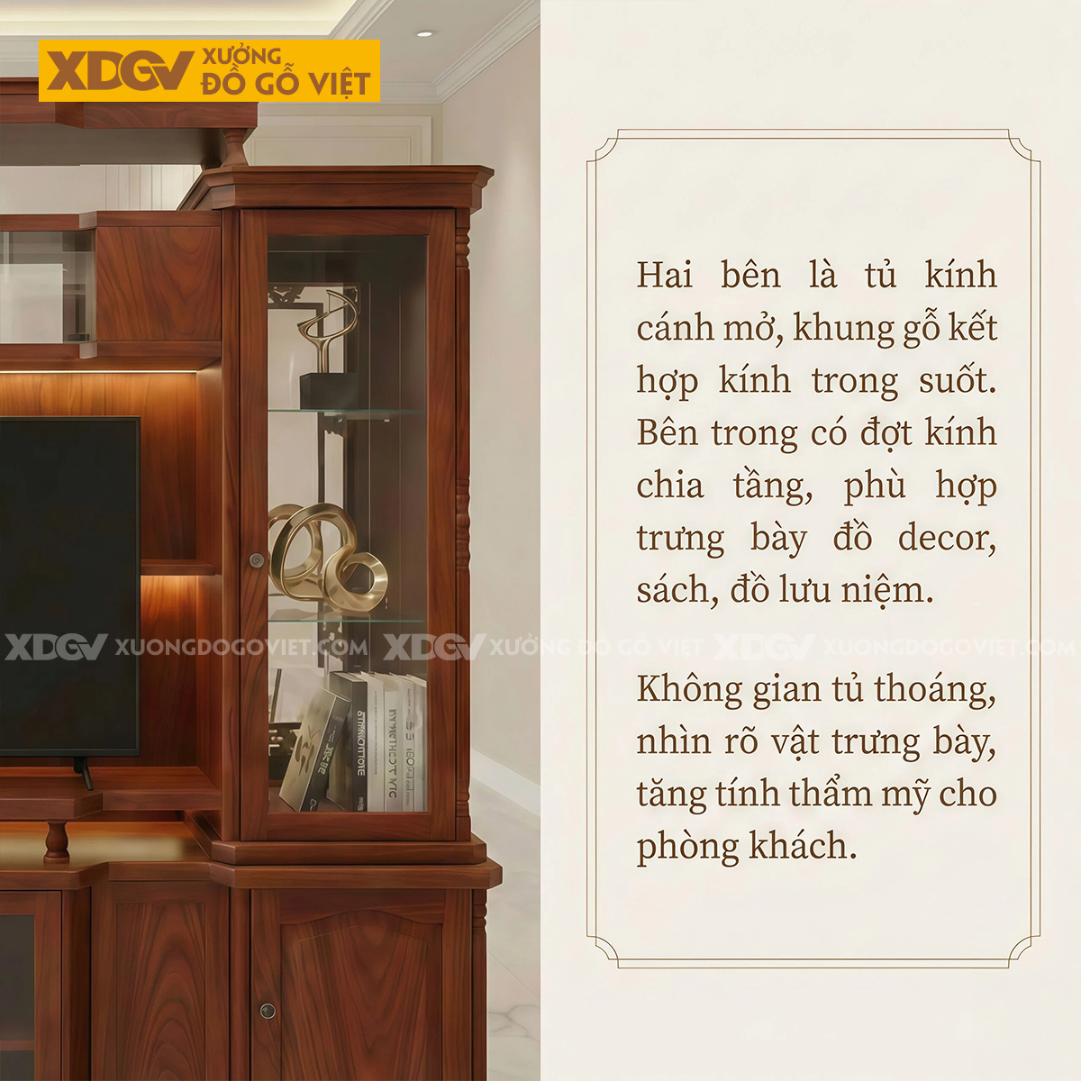 Mẫu Kệ Tivi Kèm Tủ Phòng Khách Gỗ Gõ Đỏ Phân Tầng Đối Xứng