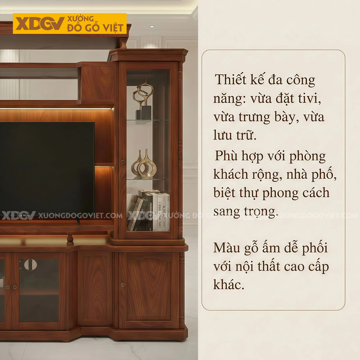 Mẫu Kệ Tivi Kèm Tủ Phòng Khách Gỗ Gõ Đỏ Phân Tầng Đối Xứng