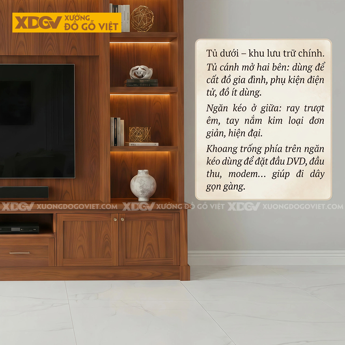 Mẫu Kệ Tivi Kèm Tủ Phòng Khách Gỗ Gõ Đỏ Phối Kệ Mở Đèn Led