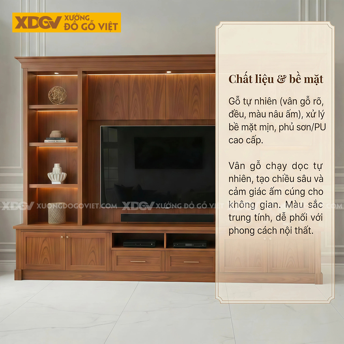 Mẫu Kệ Tivi Kèm Tủ Phòng Khách Gỗ Gõ Đỏ Phối Kệ Mở Đèn Led