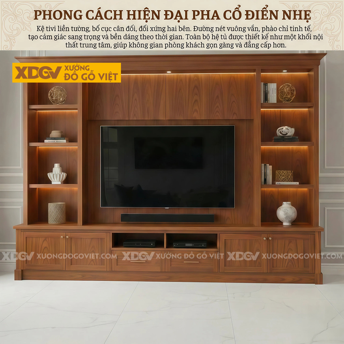 Mẫu Kệ Tivi Kèm Tủ Phòng Khách Gỗ Gõ Đỏ Phối Kệ Mở Đèn Led