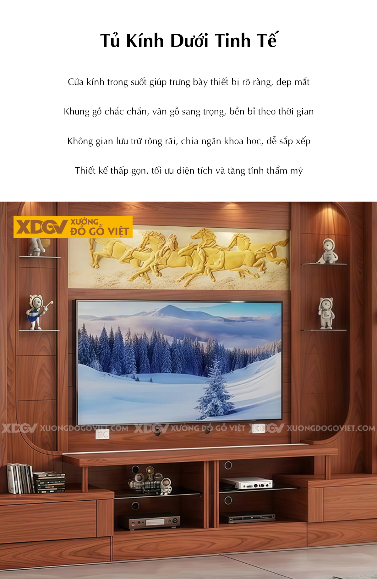 Mẫu Kệ Tivi Kèm Tủ Phòng Khách Gỗ Gõ Đỏ Phối Kính Sang Trọng