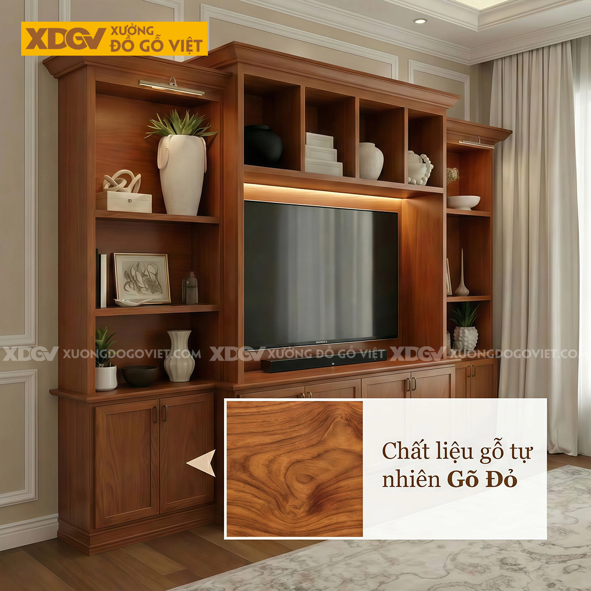 Mẫu Kệ Tivi Kèm Tủ Trưng Bày Gỗ Gõ Đỏ Phối Tủ Ngang Chân Kệ