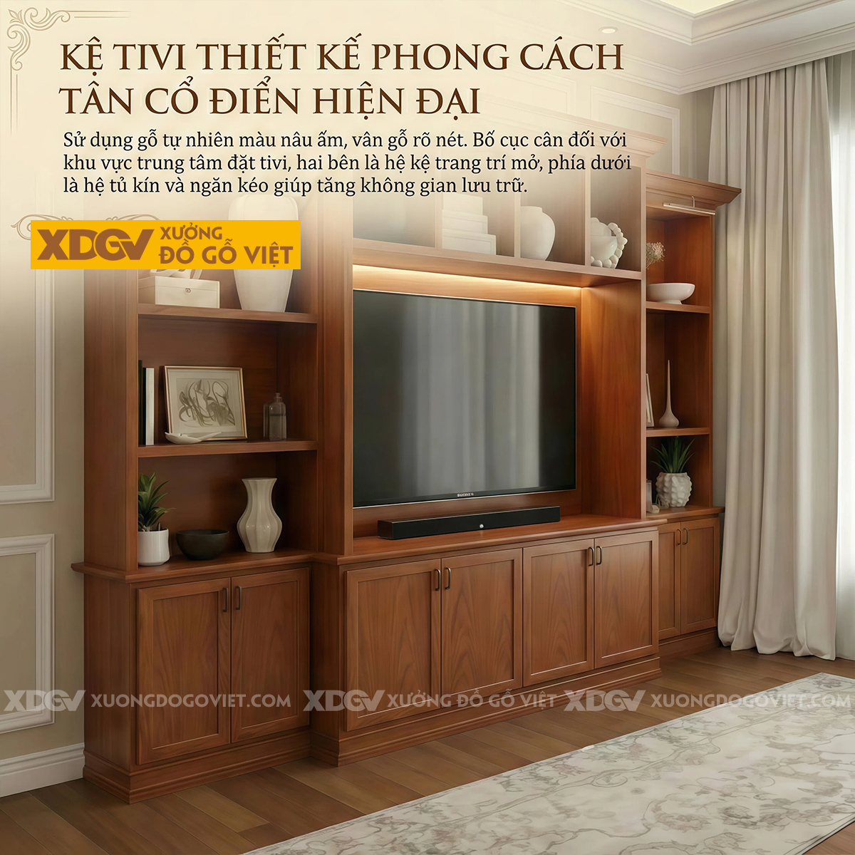 Mẫu Kệ Tivi Kèm Tủ Trưng Bày Gỗ Gõ Đỏ Phối Tủ Ngang Chân Kệ