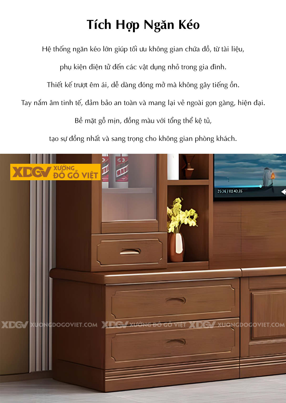 Mẫu Kệ Tivi Mặt Sồi Liền Tủ Cánh Kính Đầu Mái Vòm Tinh Tế