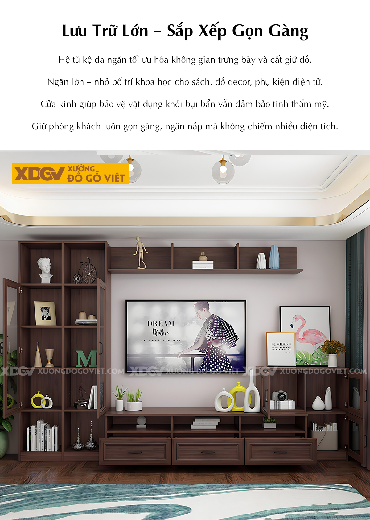 Mẫu Kệ Tivi Óc Chó Kết Hợp Tủ Kính Và Kệ Trang Trí Liền Mạch