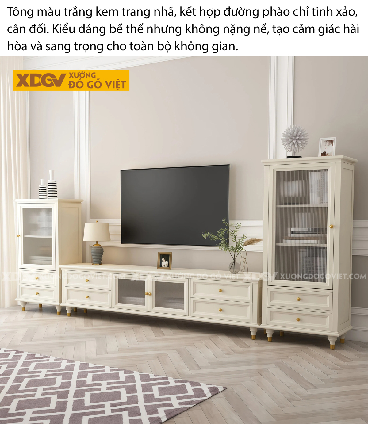 Mẫu Kệ Tivi Phòng Khách Gỗ Cao Su Treo Tường Phối Kính Mờ