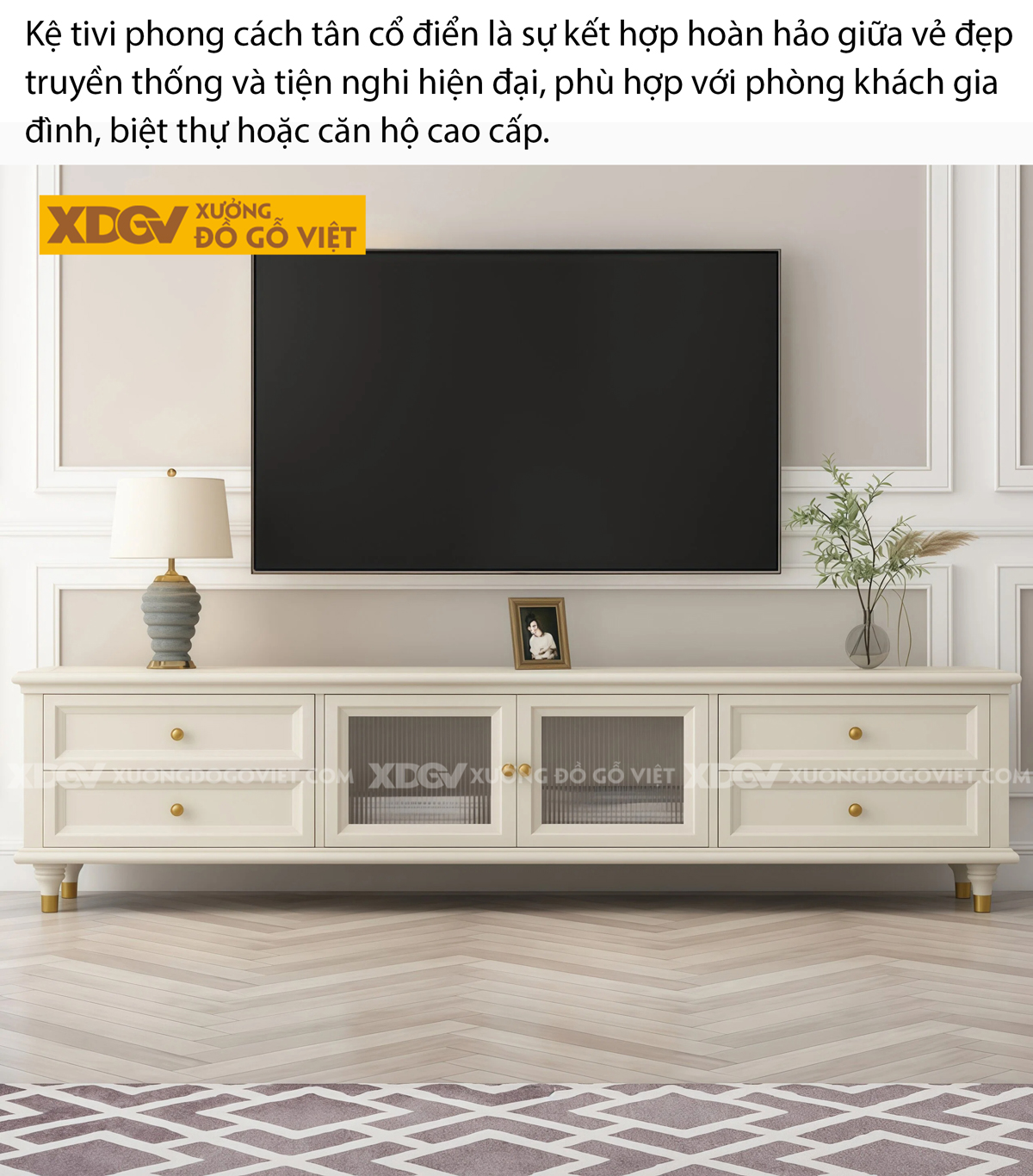 Mẫu Kệ Tivi Phòng Khách Gỗ Cao Su Treo Tường Phối Kính Mờ