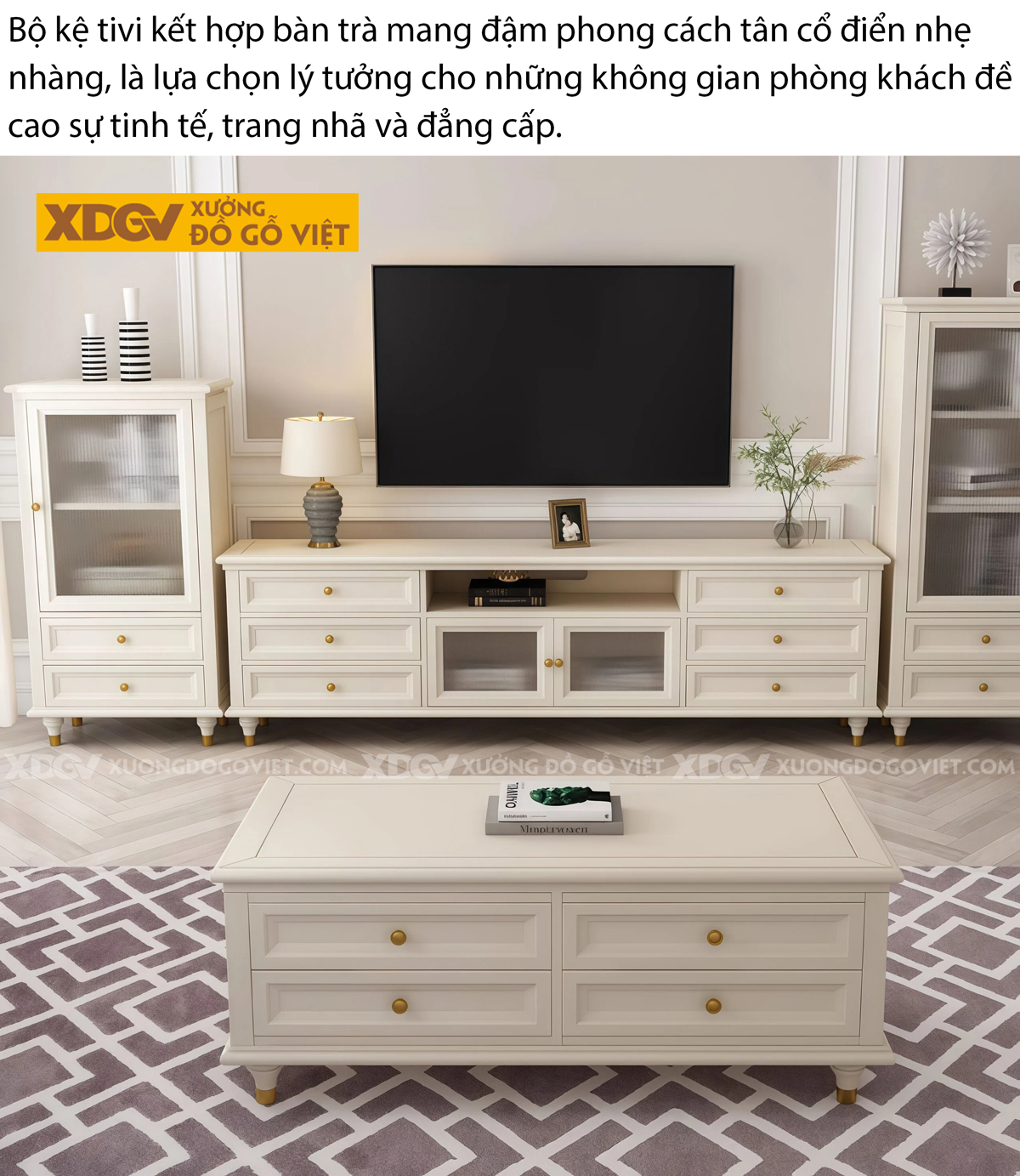 Mẫu Kệ Tivi Phòng Khách Gỗ Cao Su Treo Tường Phối Kính Mờ