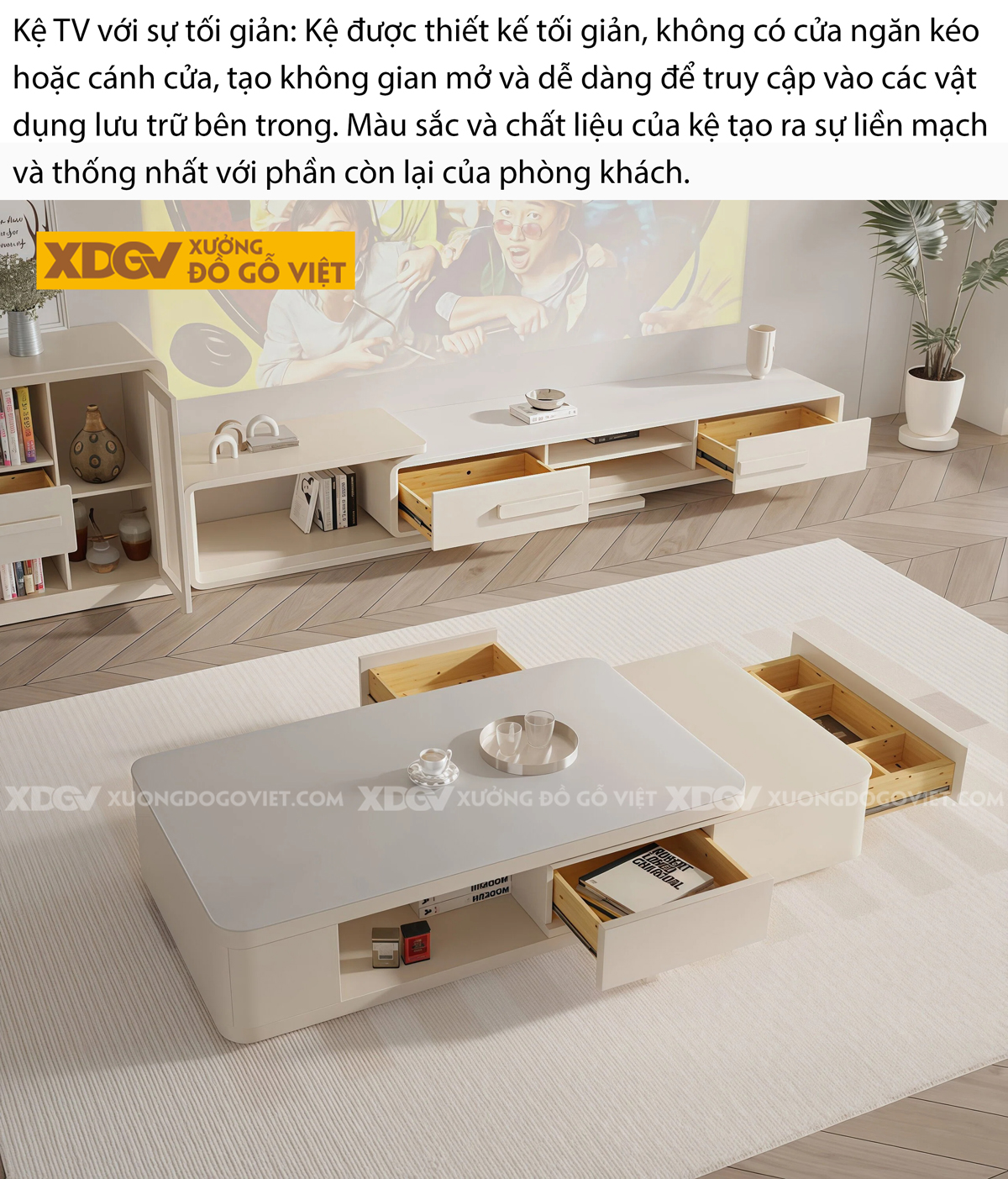 Mẫu Kệ Tivi Trưng Bày Gỗ Cao Su Thiết Kế Chân Tròn Độc Đáo