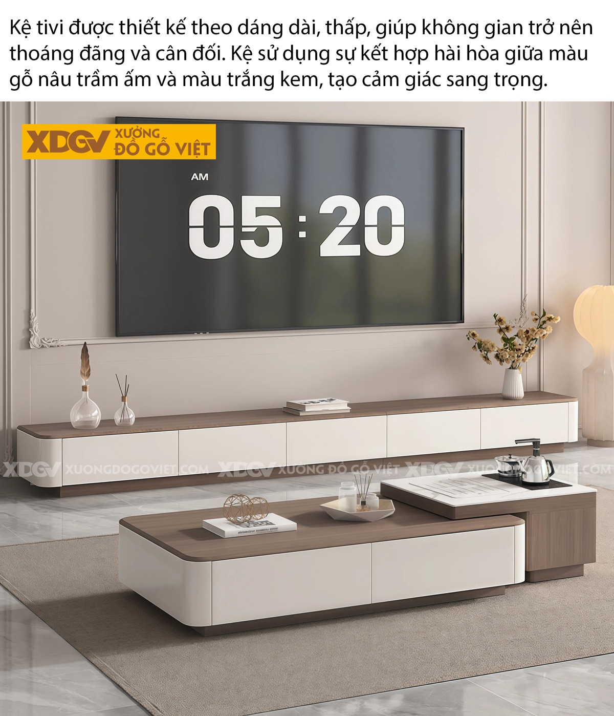 Mẫu Kệ Tivi Trưng Bày Phòng Khách Gỗ MDF Cánh Kính Trung Tâm