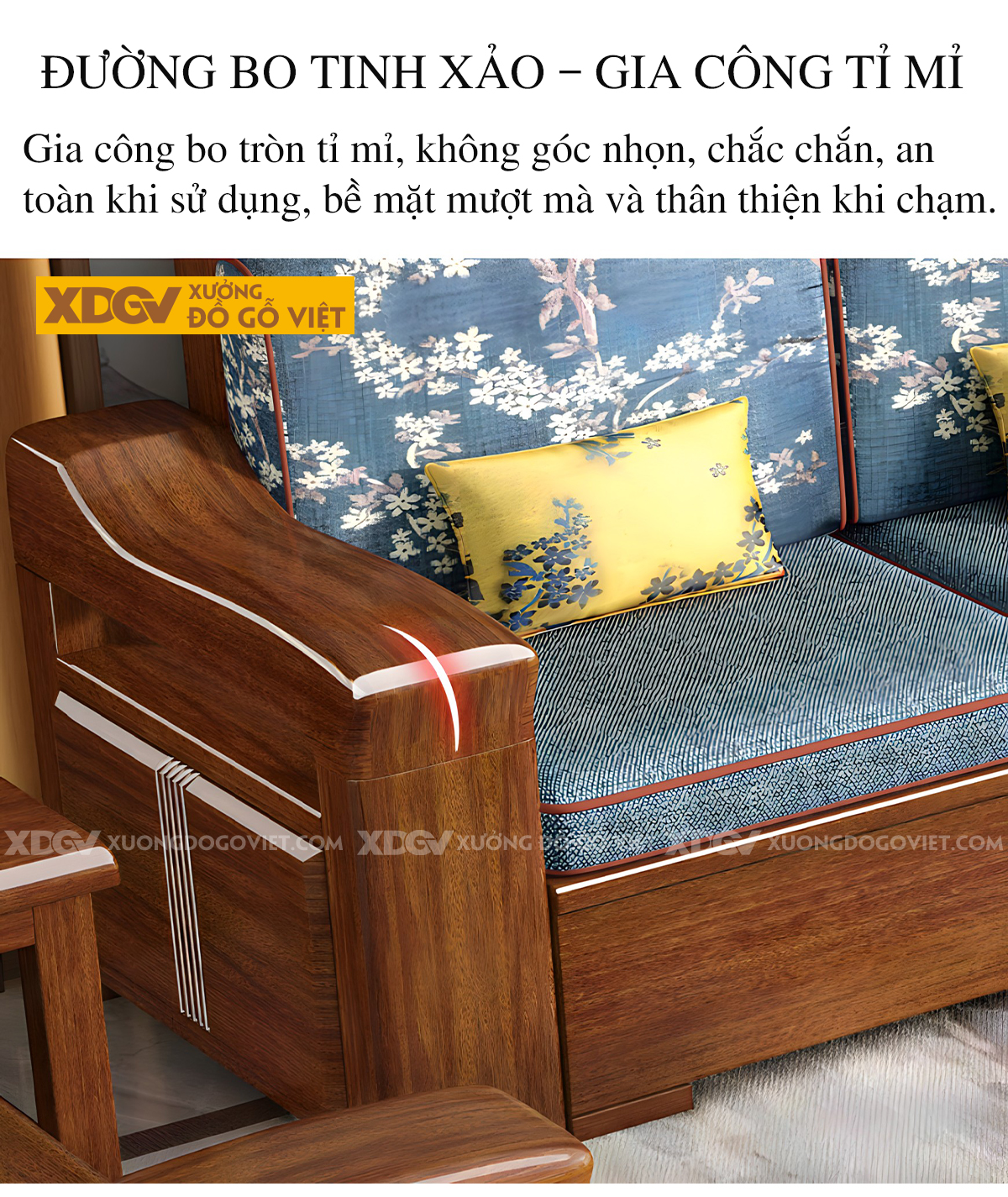 Mẫu Sofa Gõ Đỏ Hiện Đại Á Đông Bọc Nệm Tay Dày Uốn Lượn