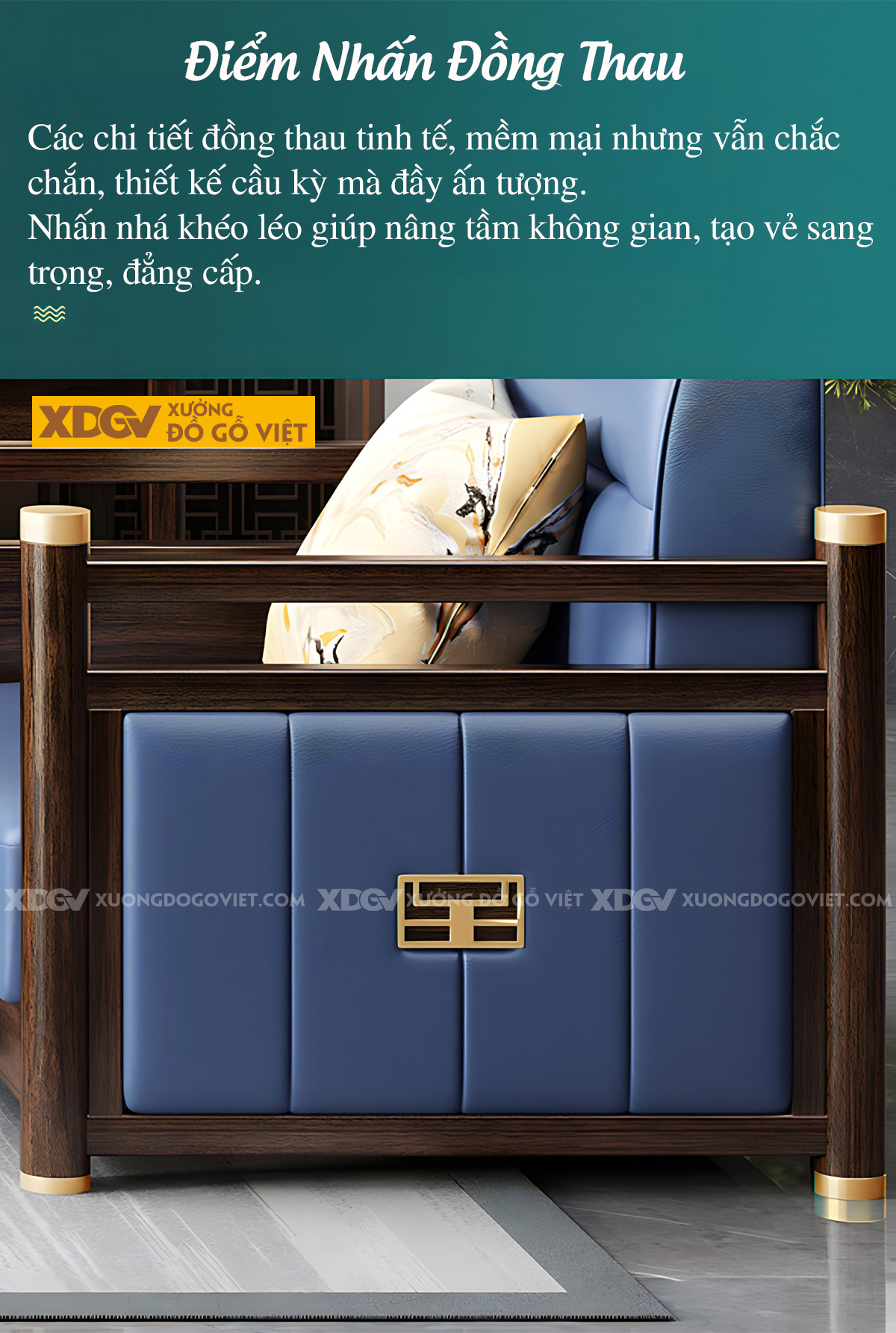 Mẫu Sofa Gỗ Lim Á Đông Chân Trụ Bọc Đồng Cánh Ốp Nệm 2 Bên