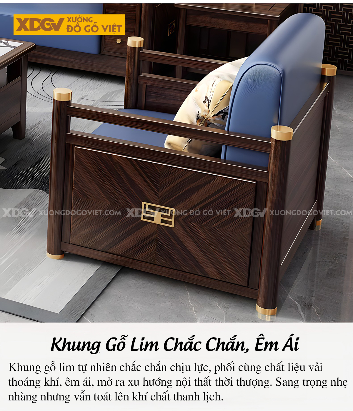 Mẫu Sofa Gỗ Lim Á Đông Chân Trụ Bọc Đồng Cánh Ốp Nệm 2 Bên