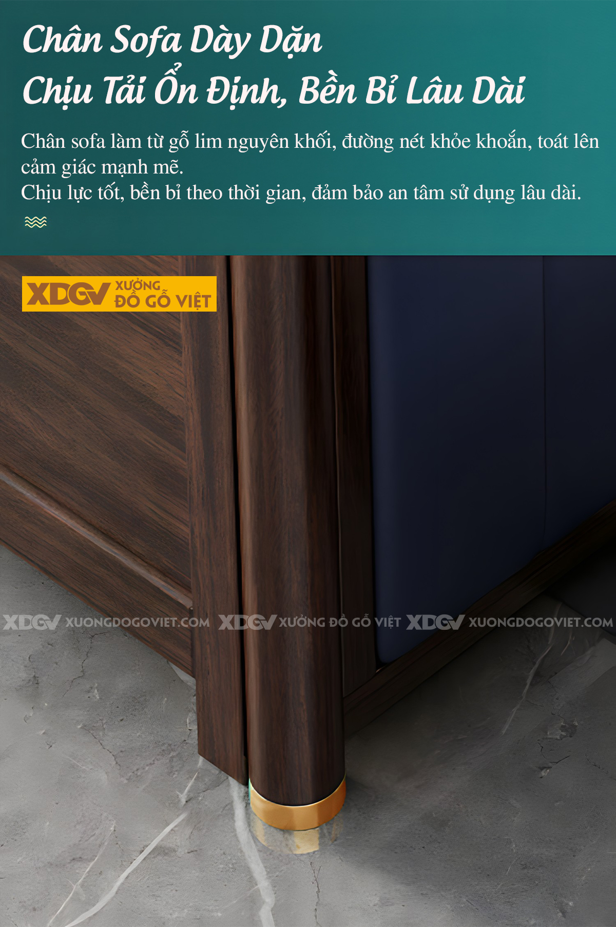 Mẫu Sofa Gỗ Lim Á Đông Chân Trụ Bọc Đồng Cánh Ốp Nệm 2 Bên