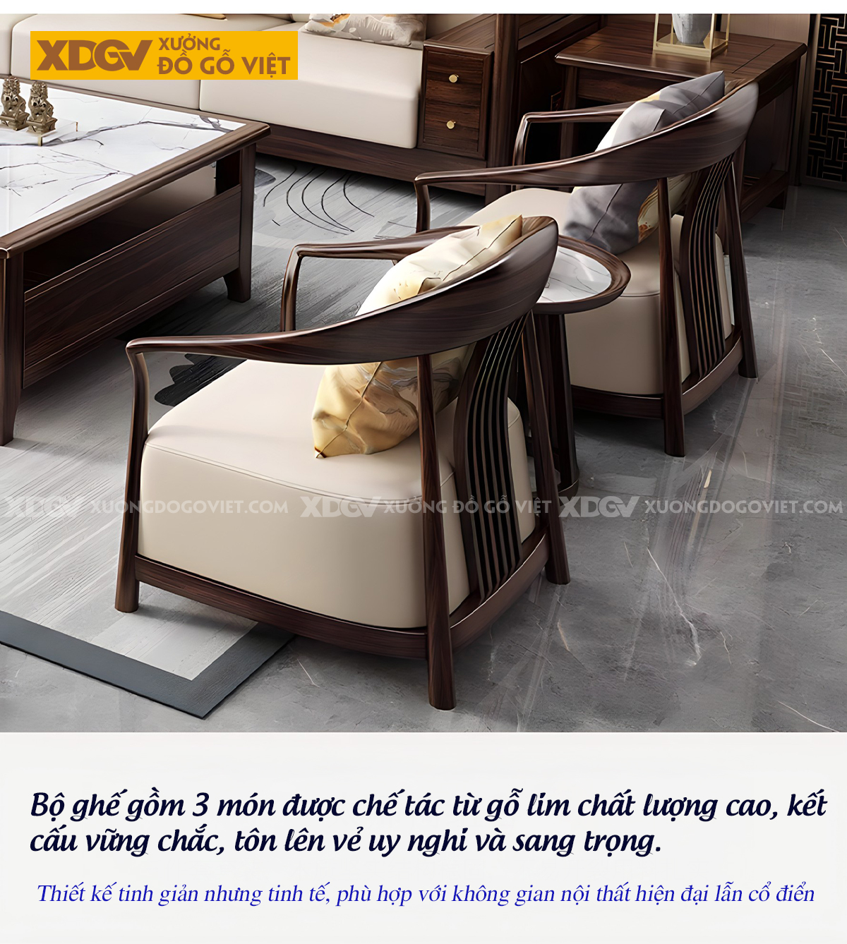 Mẫu Sofa Gỗ Lim Á Đông Chân Trụ Bọc Đồng Cánh Ốp Nệm 2 Bên