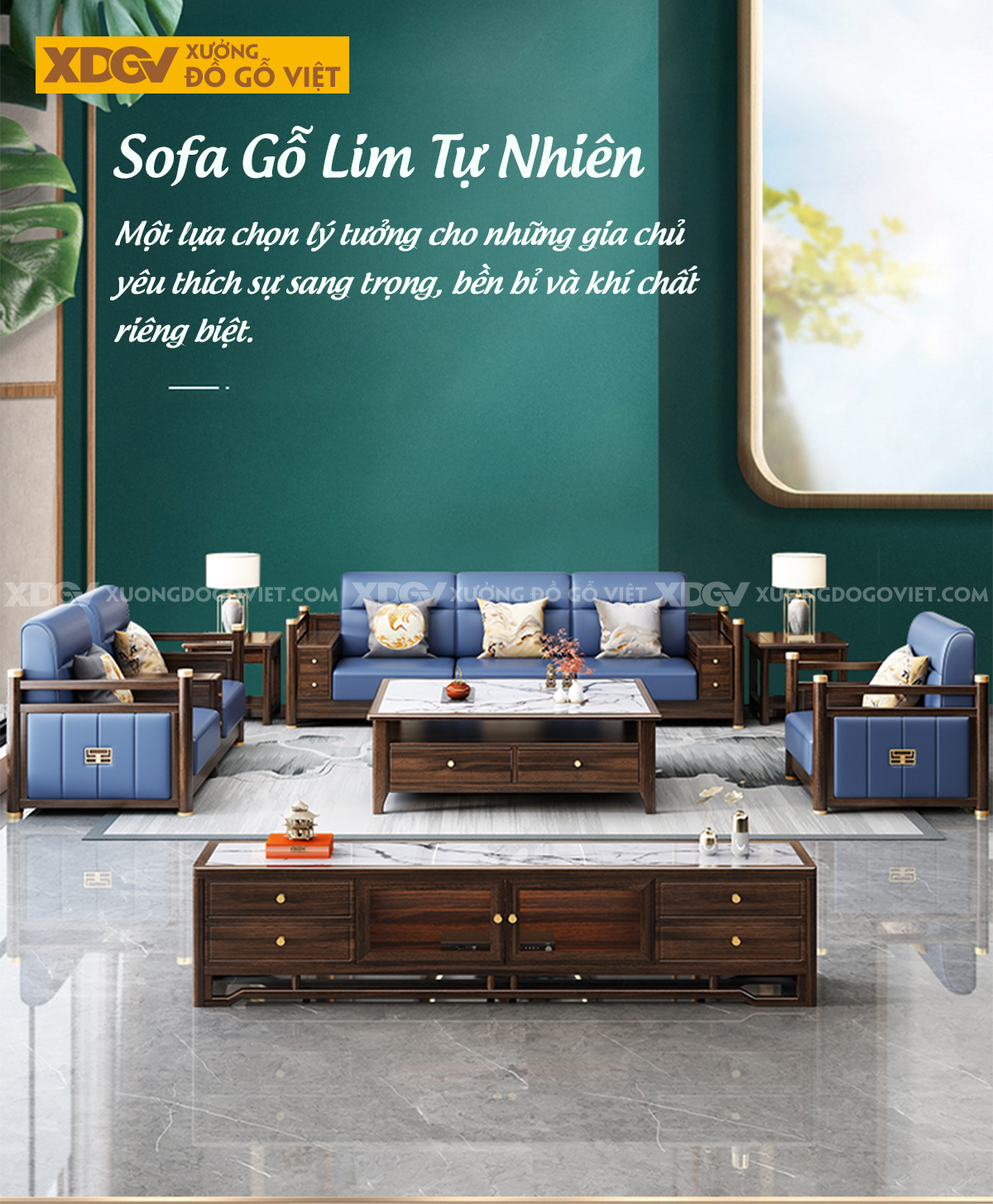 Mẫu Sofa Gỗ Lim Á Đông Chân Trụ Bọc Đồng Cánh Ốp Nệm 2 Bên
