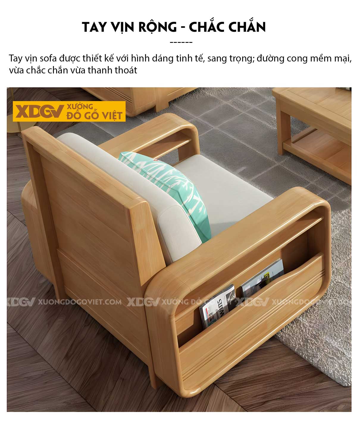 Mẫu Sofa Gỗ Sồi Hiện Đại Tay Bo Góc Tròn Tích Hợp Ngăn Chứa