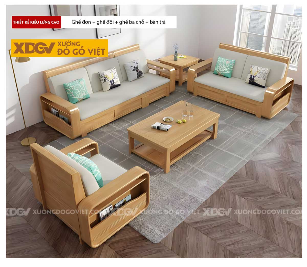 Mẫu Sofa Gỗ Sồi Hiện Đại Tay Bo Góc Tròn Tích Hợp Ngăn Chứa