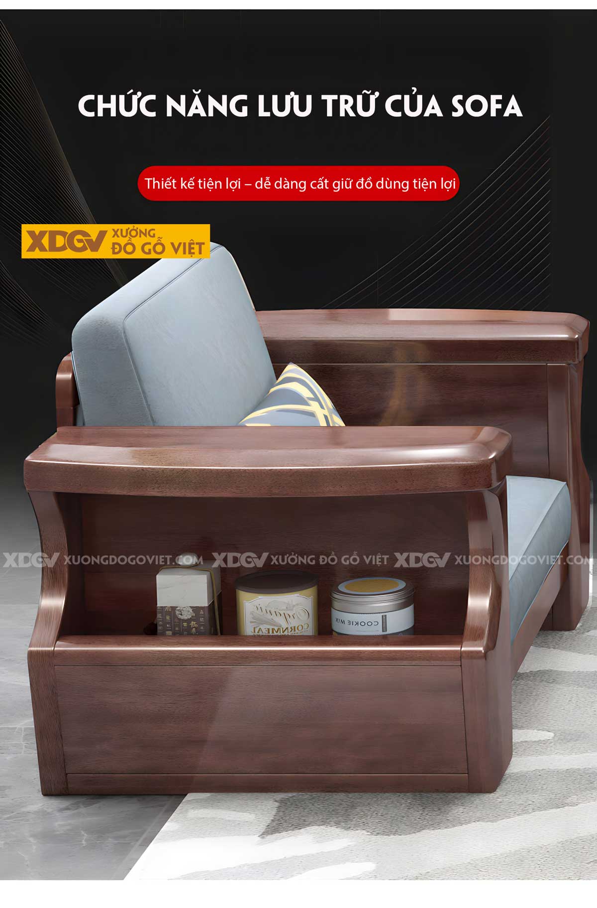 Mẫu Sofa Sồi Thịt Hiện Đại Tay Bề Thế Tích Hợp Hộc Để Đồ