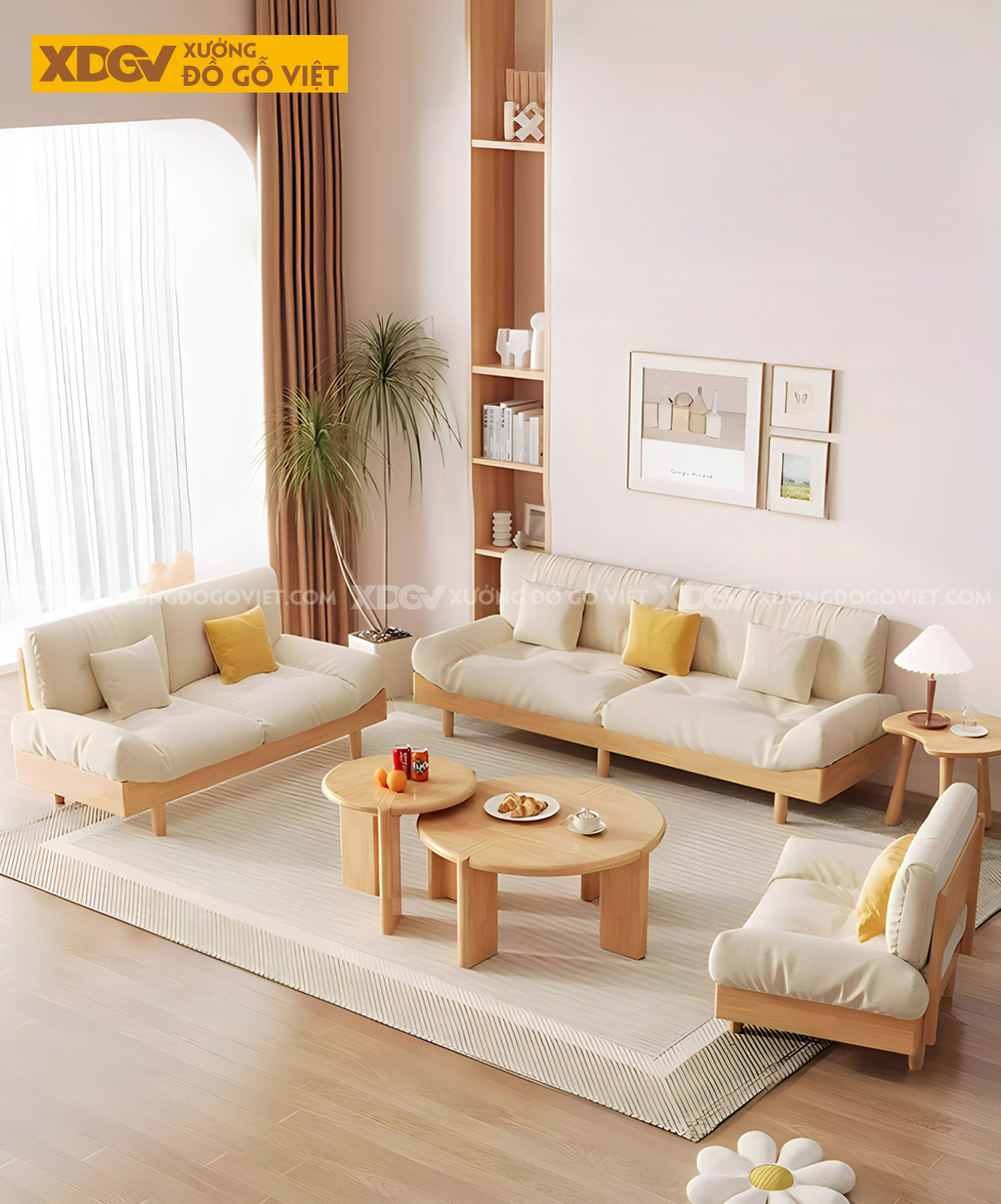 Mẫu Sofa Văng Phòng Khách Gỗ Cao Su Bọc Nệm Dài Cao Cấp