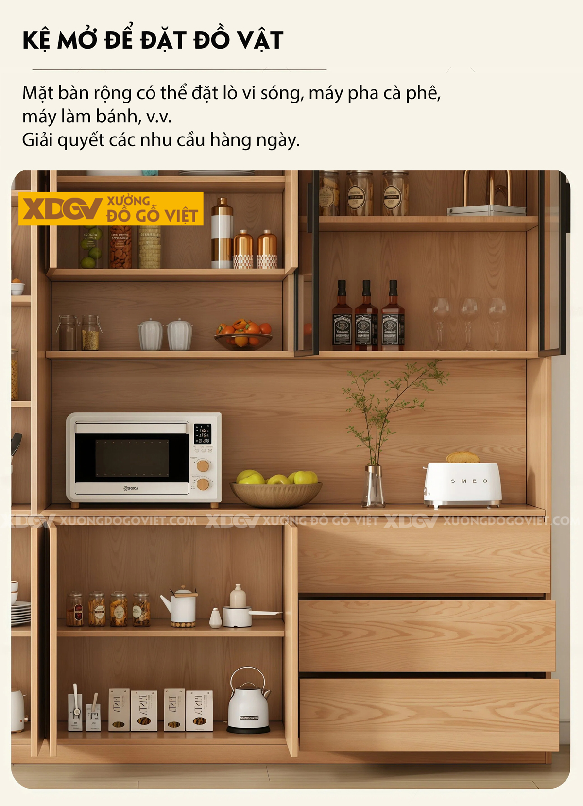 Mẫu Tủ Chén Bát Gỗ Veneer Sồi