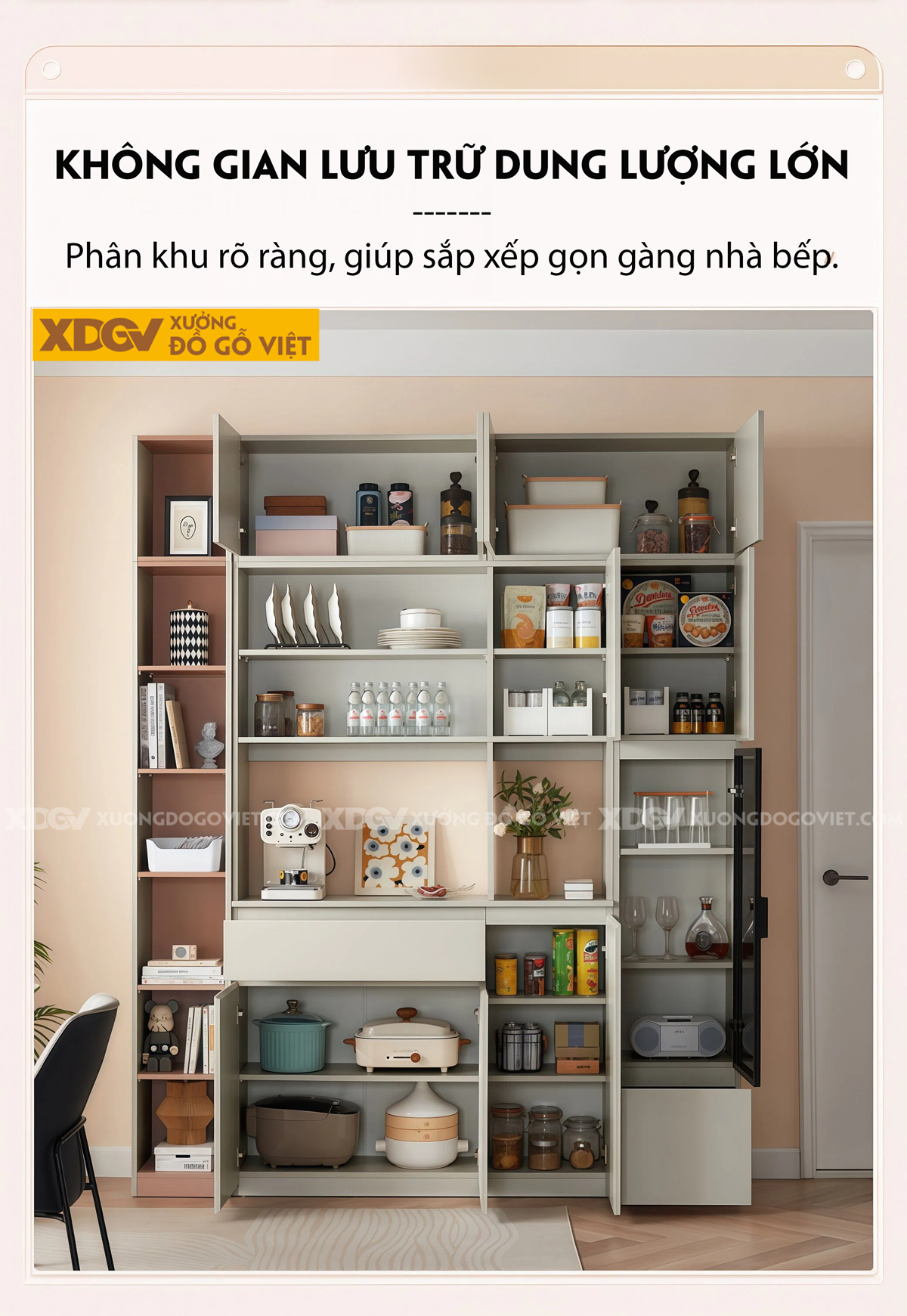 Mẫu Tủ Chén Bát Nhà Bếp Gỗ MDF Lưu Trữ Lớn Tối Ưu Diện Tích