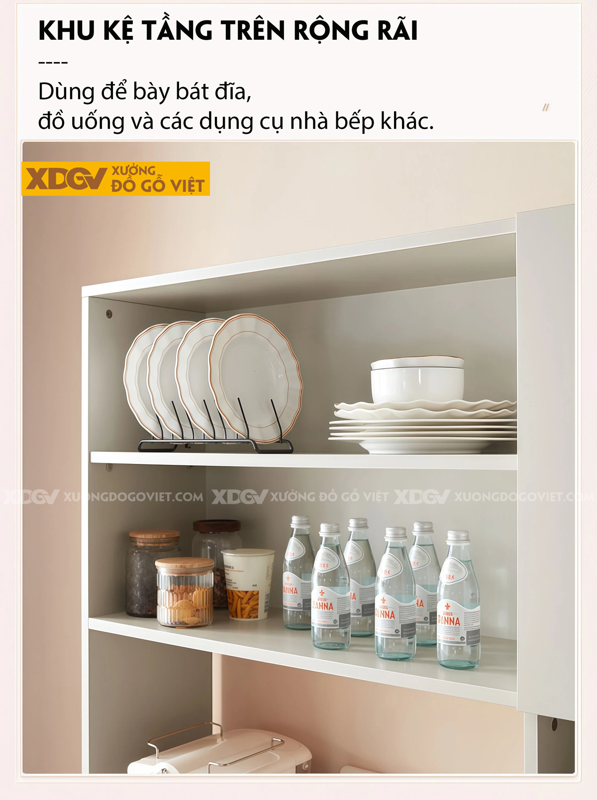 Mẫu Tủ Chén Bát Nhà Bếp Gỗ MDF Lưu Trữ Lớn Tối Ưu Diện Tích